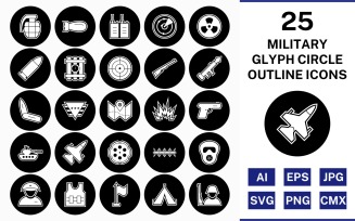 25 Military Glyph Outline Circle Inverted Icon Set