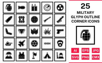 25 Military Glyph Outline Square Corner Icon Set