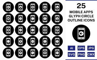 25 Mobile Apps Glyph Outline Circle Inverted Icon Set