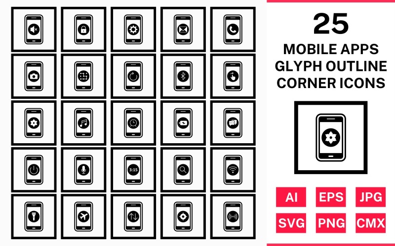 25 Mobile Apps Glyph Outline Square Corner Icon Set