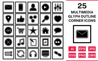 25 Multimedia Glyph Outline Square Corner Icon Set