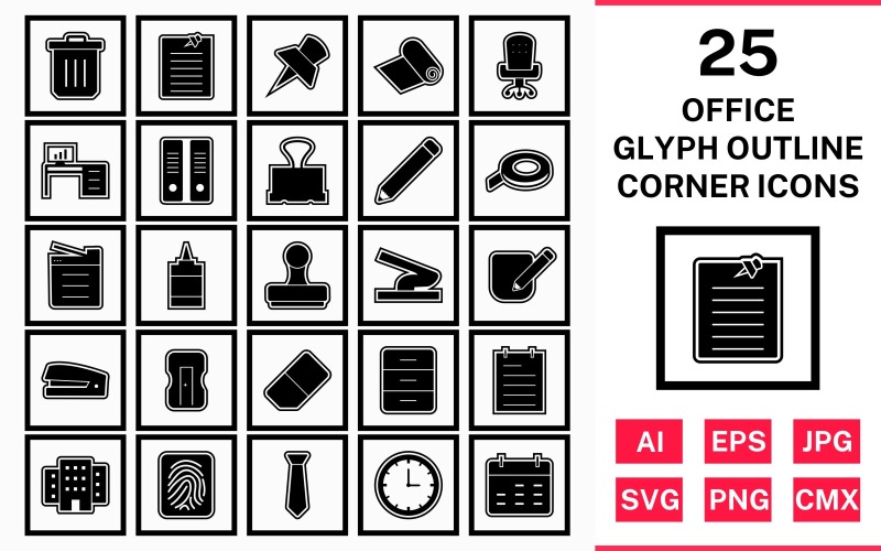 25 Office Glyph Outline Square Corner Icon Set