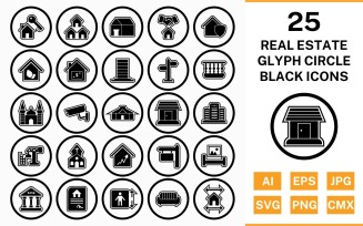 25 Real Estate Circle Glyph Outline Black Icon Set