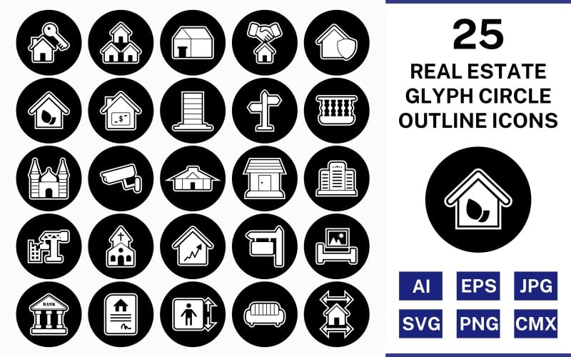 25 Real Estate Glyph Outline Circle Inverted Icon Set