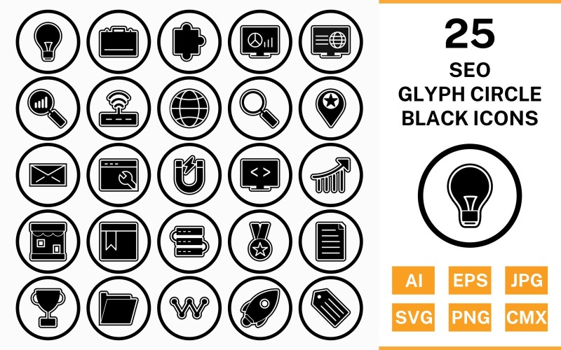 25 Seo Circle Glyph Outline Black Icon Set