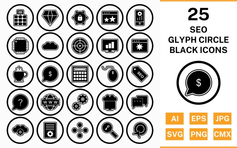 25 SEO Circle Glyph Outline Black Icon Set