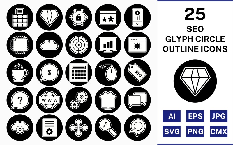 25 Seo Glyph Outline Square Corner Icon Set