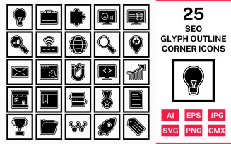 25 Seo Glyph Outline Square Corner Icon Set