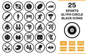 25 Sports And Games Circle Glyph Outline Black Icon Set