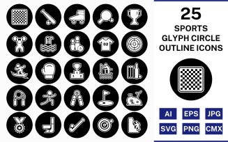 25 Sports And Games Glyph Outline Circle Inverted Icon Set