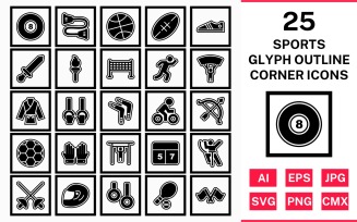 25 Sports And Games Glyph Outline Square Corner Icon Set