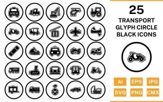 25 Transport Circle Glyph Outline Black Icon Set