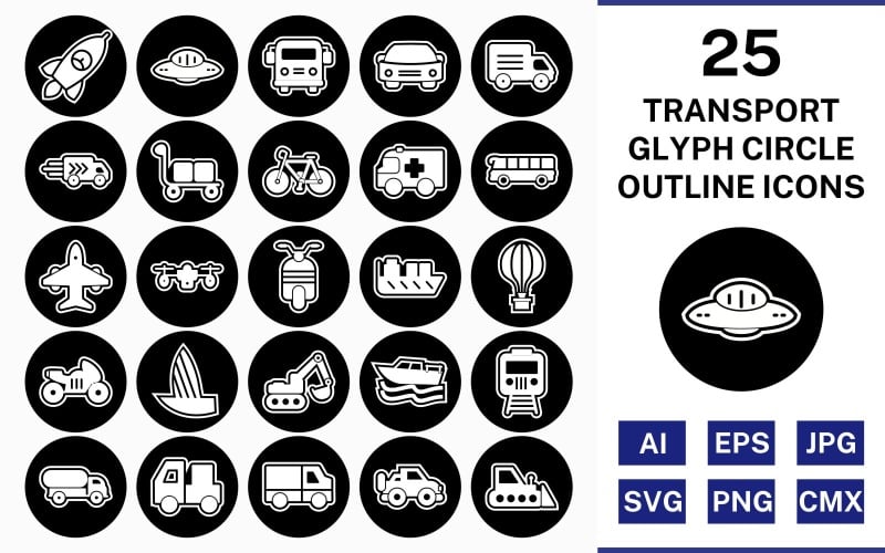 25 Transport Glyph Outline Square Corner Icon Set