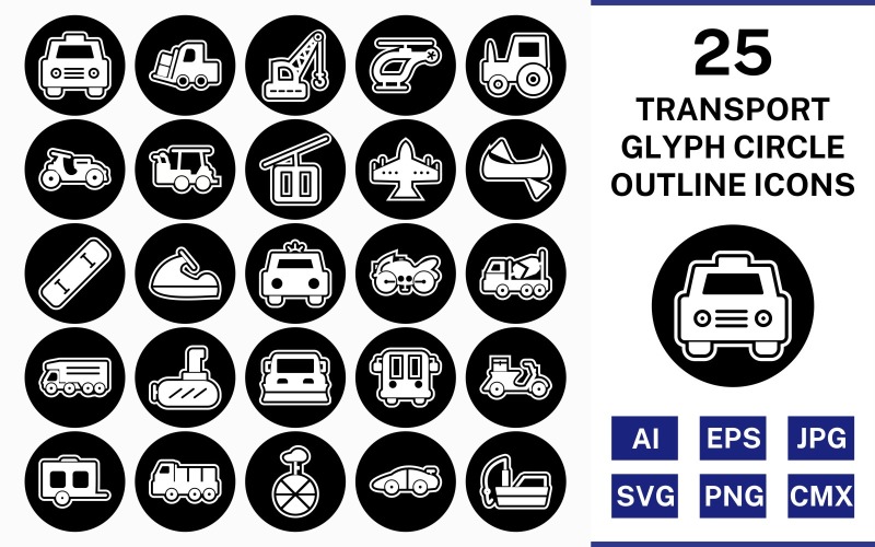25 Transport Glyph Outline Square Corner Icon Set