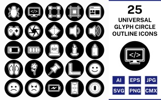 25 Universal Glyph Outline Circle Inverted Icon Set