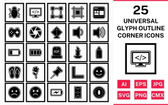 25 Universal Glyph Outline Square Corner Icon Set
