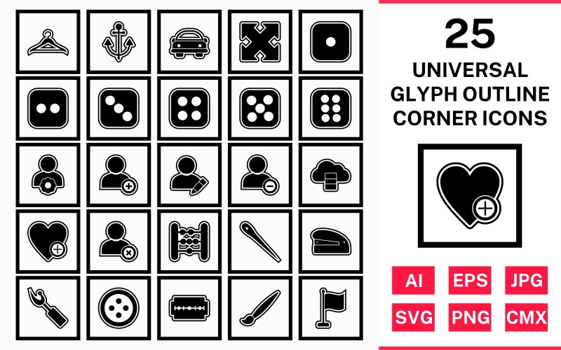 25 Universal Glyph Outline Square Corner Icon Set