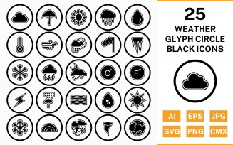 25 Weather Circle Glyph Outline Black Icon Set