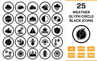 25 Weather Circle Glyph Outline Black Icon Set