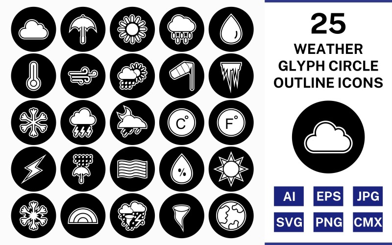 25 Weather Glyph Outline Square Corner Icon Set