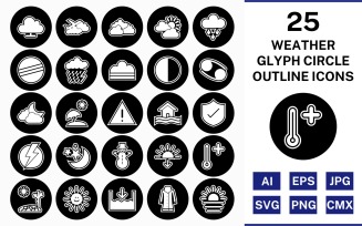 25 Weather Glyph Outline Square Corner Icon Set