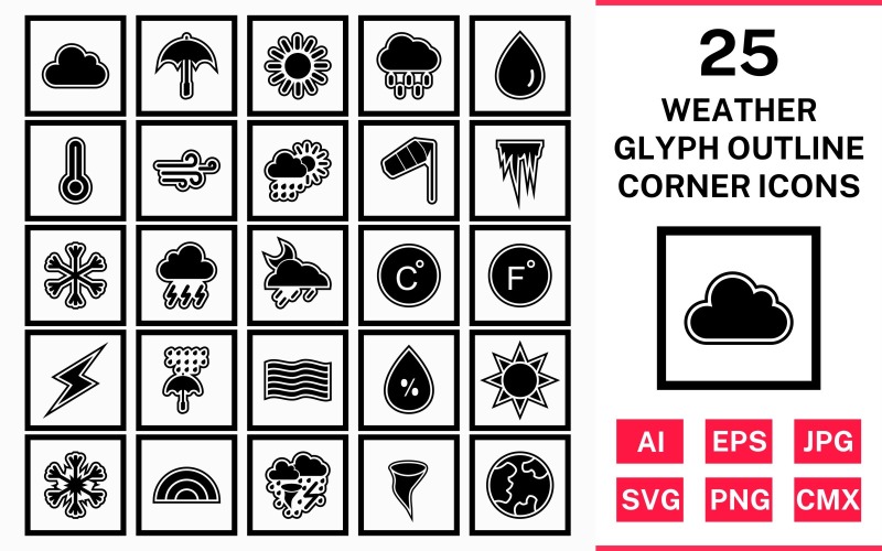 25 Weather Glyph Outline Square Corner Icon Set