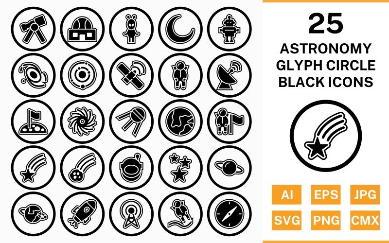 25 Astronomy Circle Glyph Outline Black Icon Set