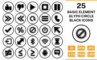 25 Basic Elements Circle Glyph Outline Black Icon Set