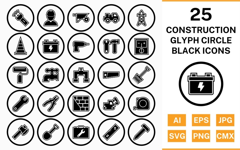 25 Construction Circle Glyph Outline Black Icon Set