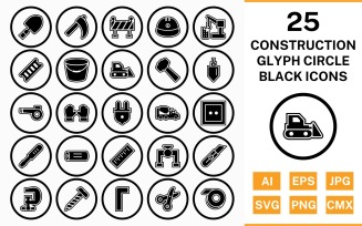 25 Construction Circle Glyph Outline Black Icon Set