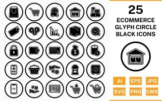 25 Ecommerce Circle Glyph Outline Black Icon Set