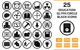 25 Education Circle Glyph Outline Black Icon Set