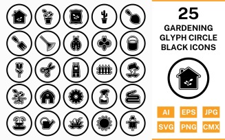 25 Gardening Circle Glyph Outline Black Icon Set