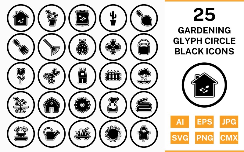 25 Gardening Circle Glyph Outline Black Icon Set