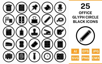 25 Office Circle Glyph Outline Black Icon Set