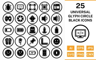 25 Universal Circle Glyph Outline Black Icon Set