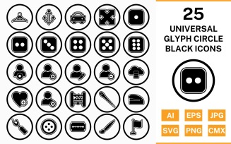 25 Universal Circle Glyph Outline Black Icon Set