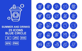 25 Premium Summer And Drinks Blue Circle Pack Icon Set