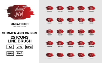25 Premium Summer And Drinks Line Brush Pack Icon Set