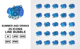 25 Premium Summer And Drinks Line Bubble Pack Icon Set