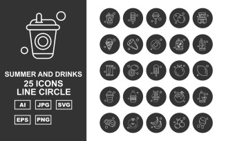 25 Premium Summer And Drinks Line Circle Pack Icon Set