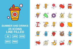 25 Premium Summer And Drinks Line Filled Pack Icon Set