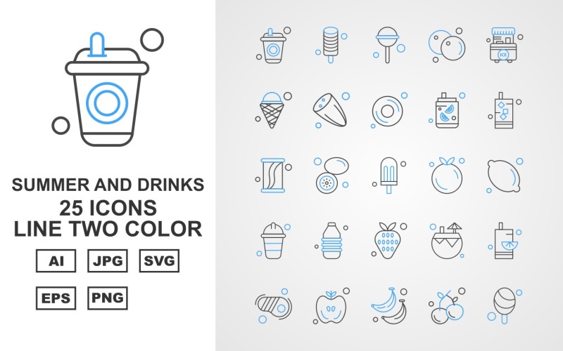 25 Premium Summer And Drinks Line Two Color Pack Icon Set