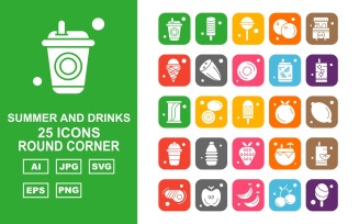 25 Premium Summer And Drinks Round Corner Pack Icon Set