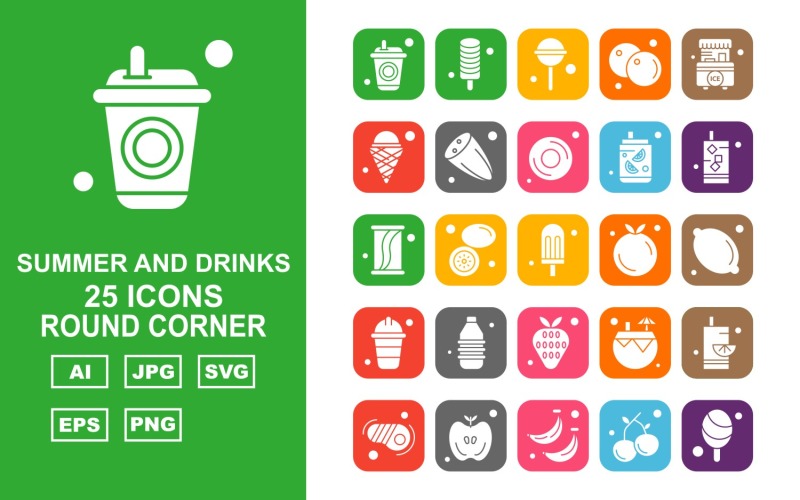 25 Premium Summer And Drinks Round Corner Pack Icon Set