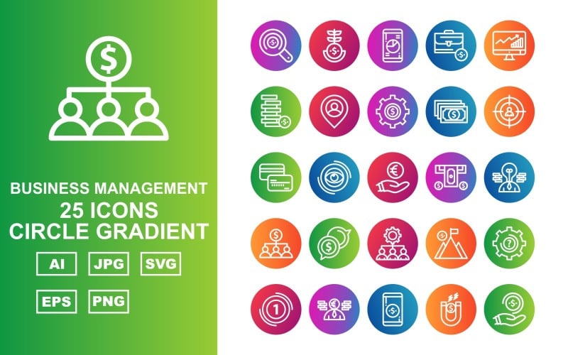25 Premium Business Management Circle Gradient Pack Icon Set