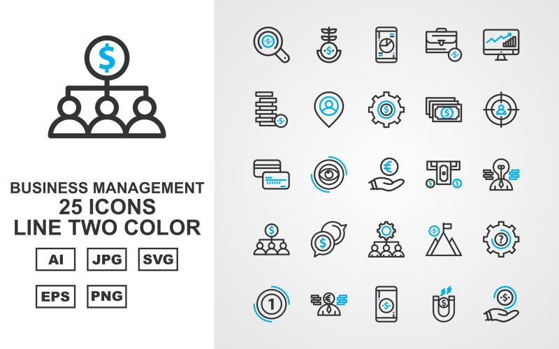 25 Premium Business Management Line Two Color Pack Icon Set