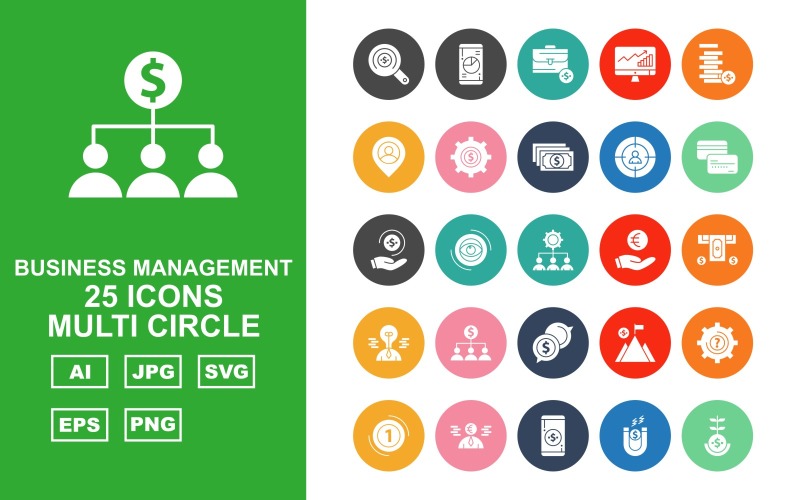 25 Premium Business Management Multi Circle Pack Icon Set