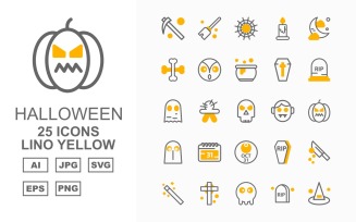 25 Premium Halloween Lino Yellow Pack Icon Set