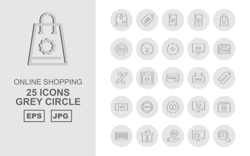 25 Premium Online Shopping Grey Circle Pack Icon Set